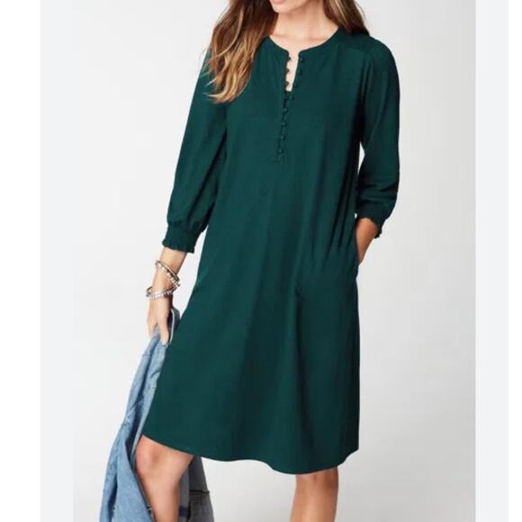J Jill Smocked Henley Dress Dark Teal Size Petite XL Pockets Casual - Picture 1 of 7